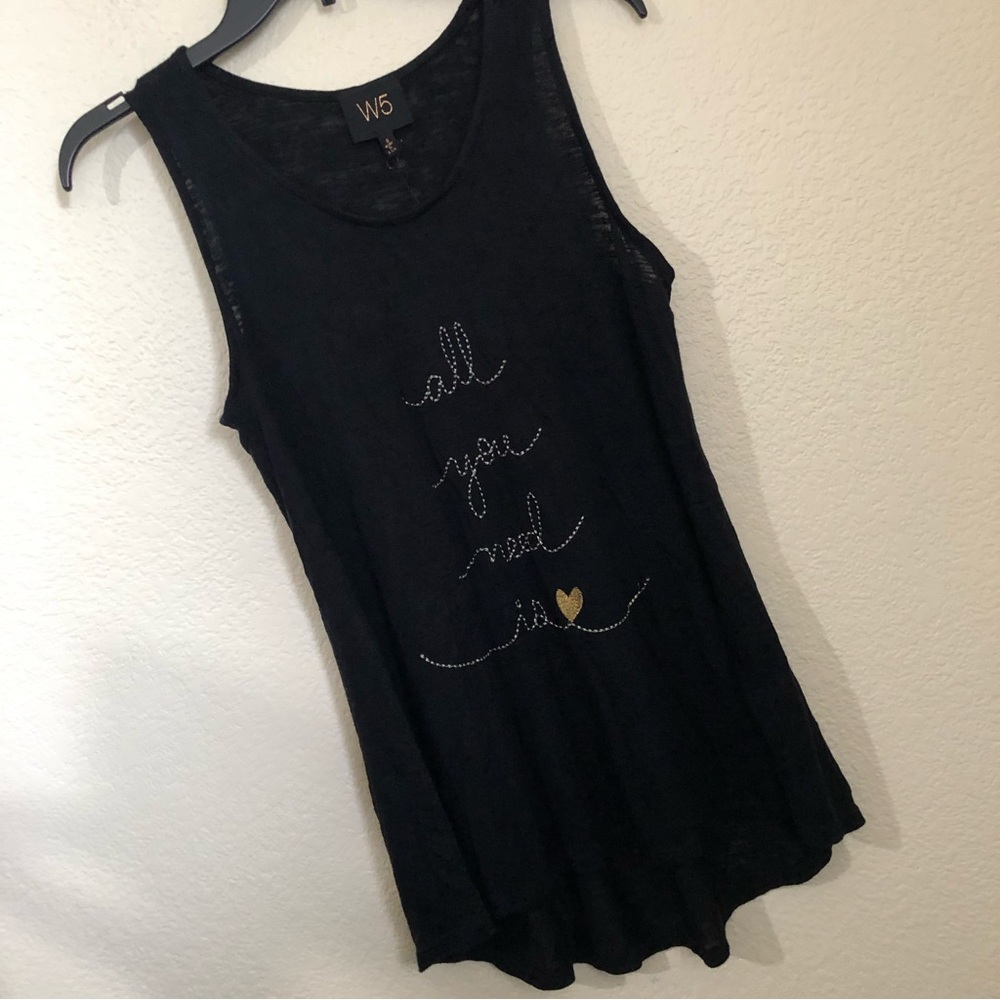 W5 Womens Small Black Heart "All You Need Is Love" Sleeveless Top Tank Sheer NWT